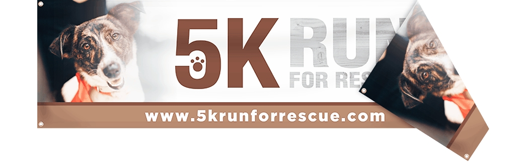 Double sided banner for a 5k run with a brown and white dog and matching brown text